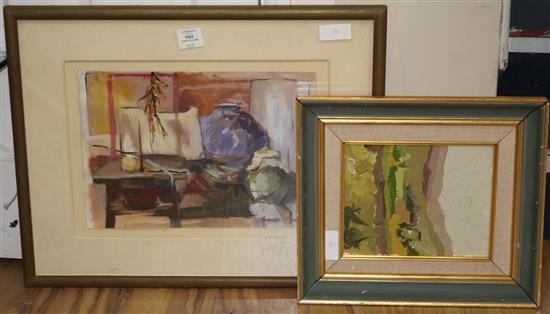 An indistinctly signed still life and an oil landscape